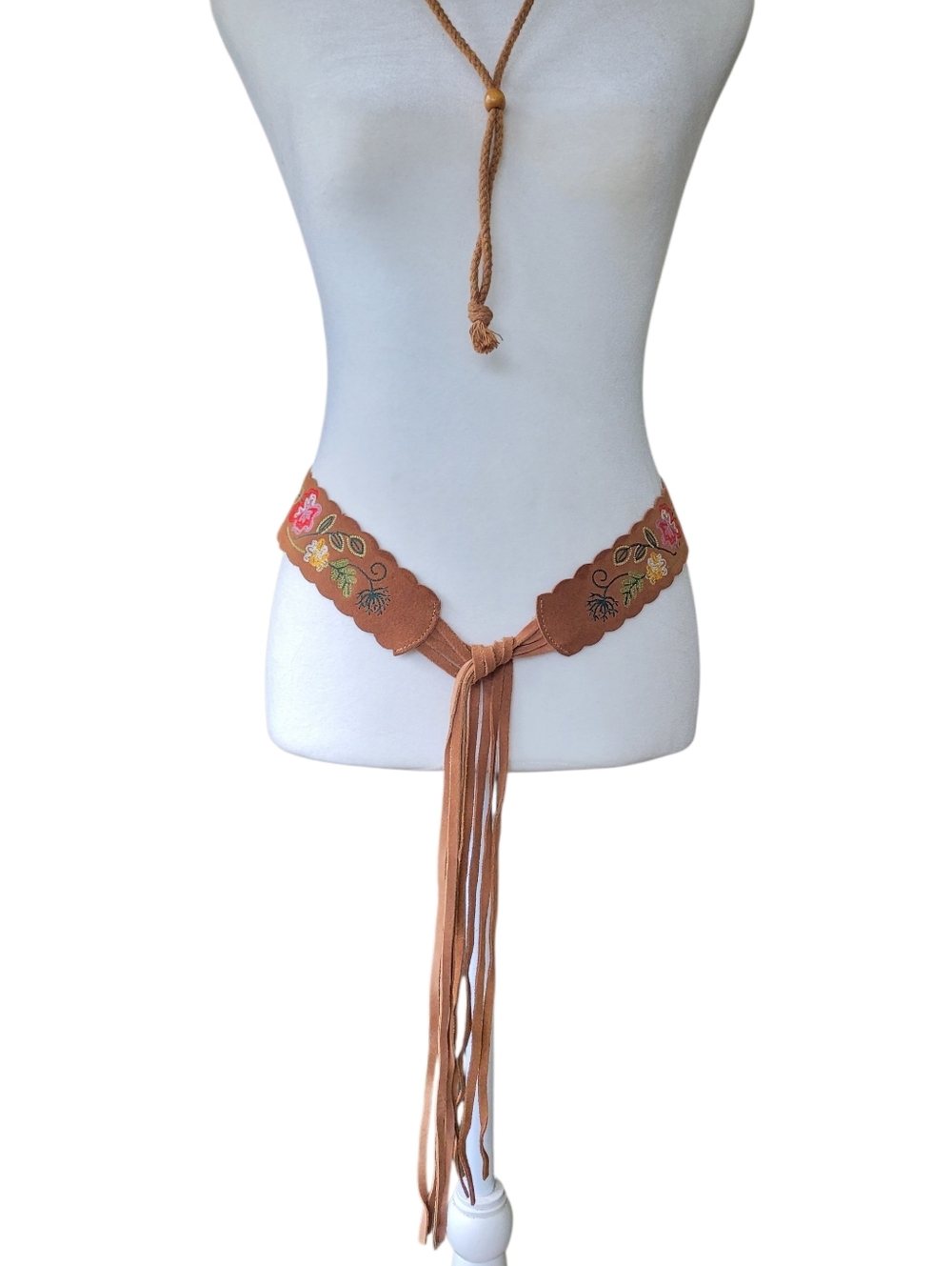 Western Boho Embroidered Suede Fringe Tie Belt - Tan - Picture 3 of 7